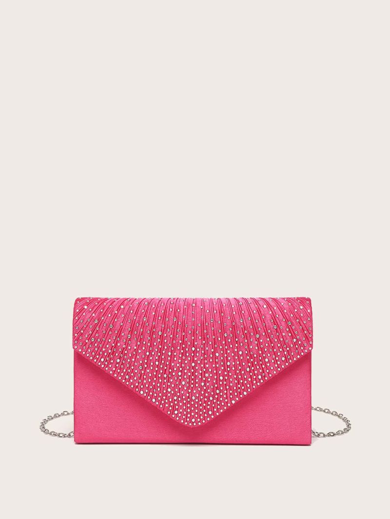 Satin Neon Pink Rhinestone Decor Flap Square Bag