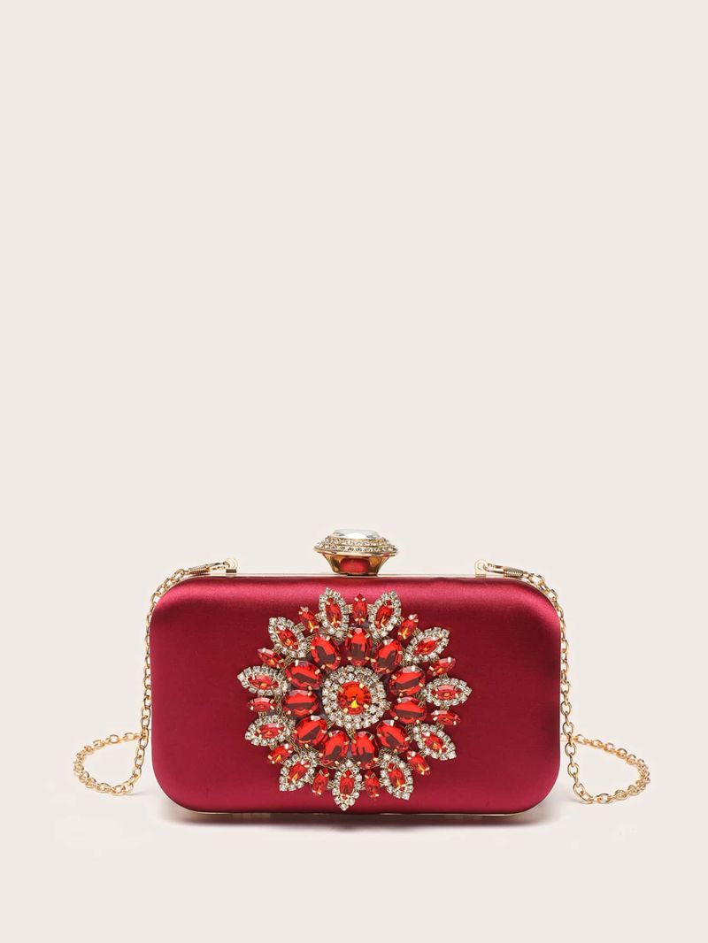Mini Rhinestone Decor Chain Satin Box Bag