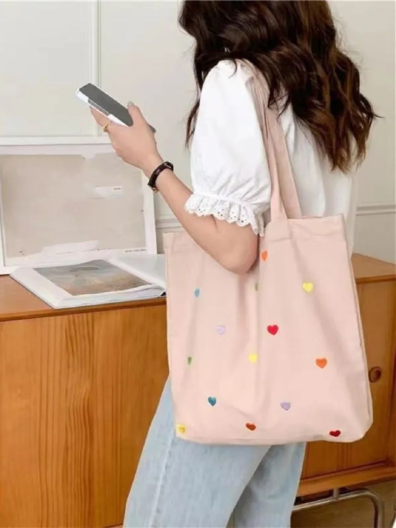 Heart Embroidery Design Canvas Shopper Bag