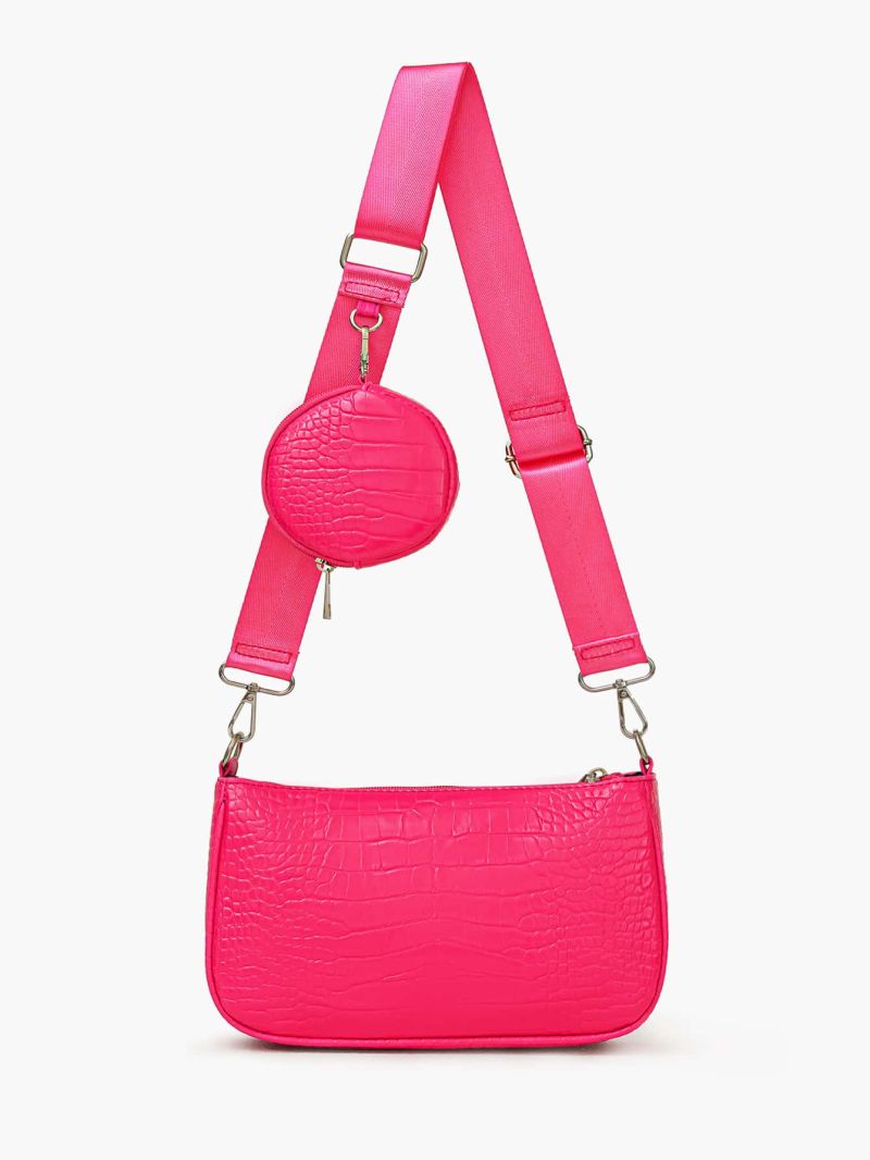 Neon Pink Crocodile Embossed Square Bag With Coin Purse