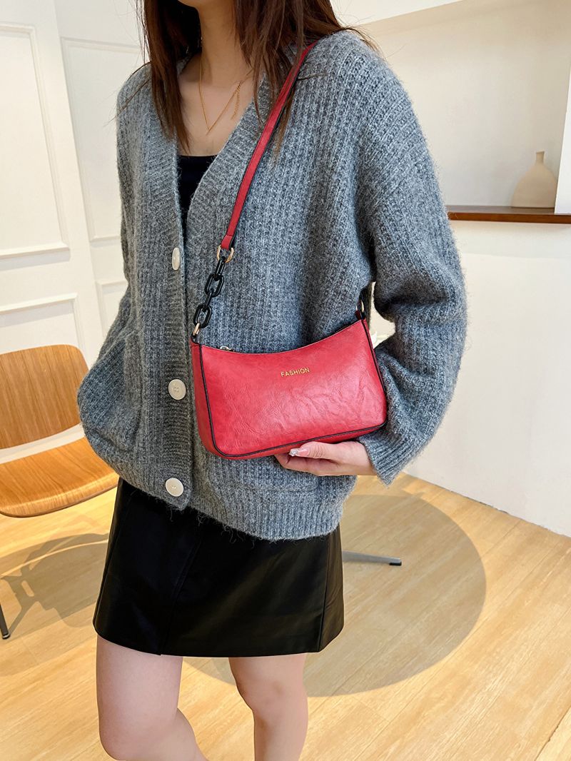 Neon-red Letter Graphic Baguette Bag