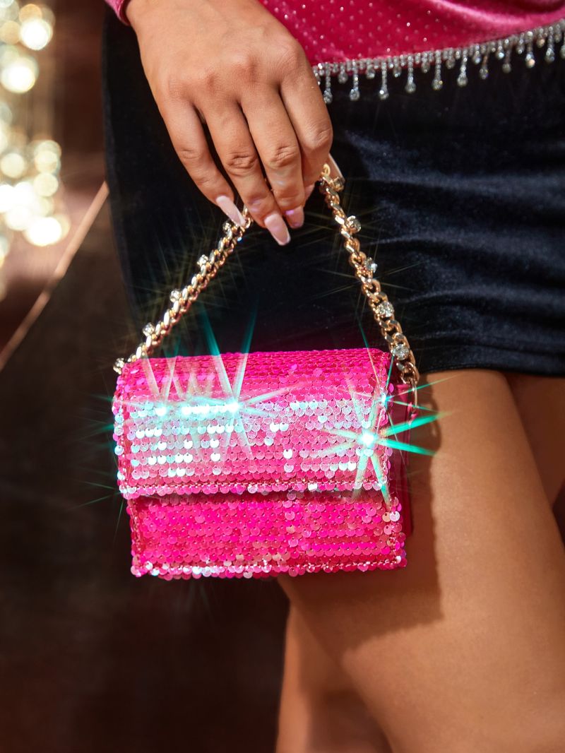 Mini Neon Pink Sequin Decor Chain Square Bag