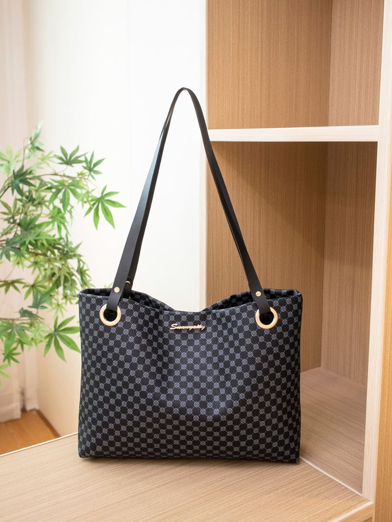 Geometric Print Letter Decor Shoulder Tote Bag