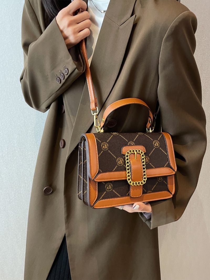 Colorblock Letter Print Flap Square Bag