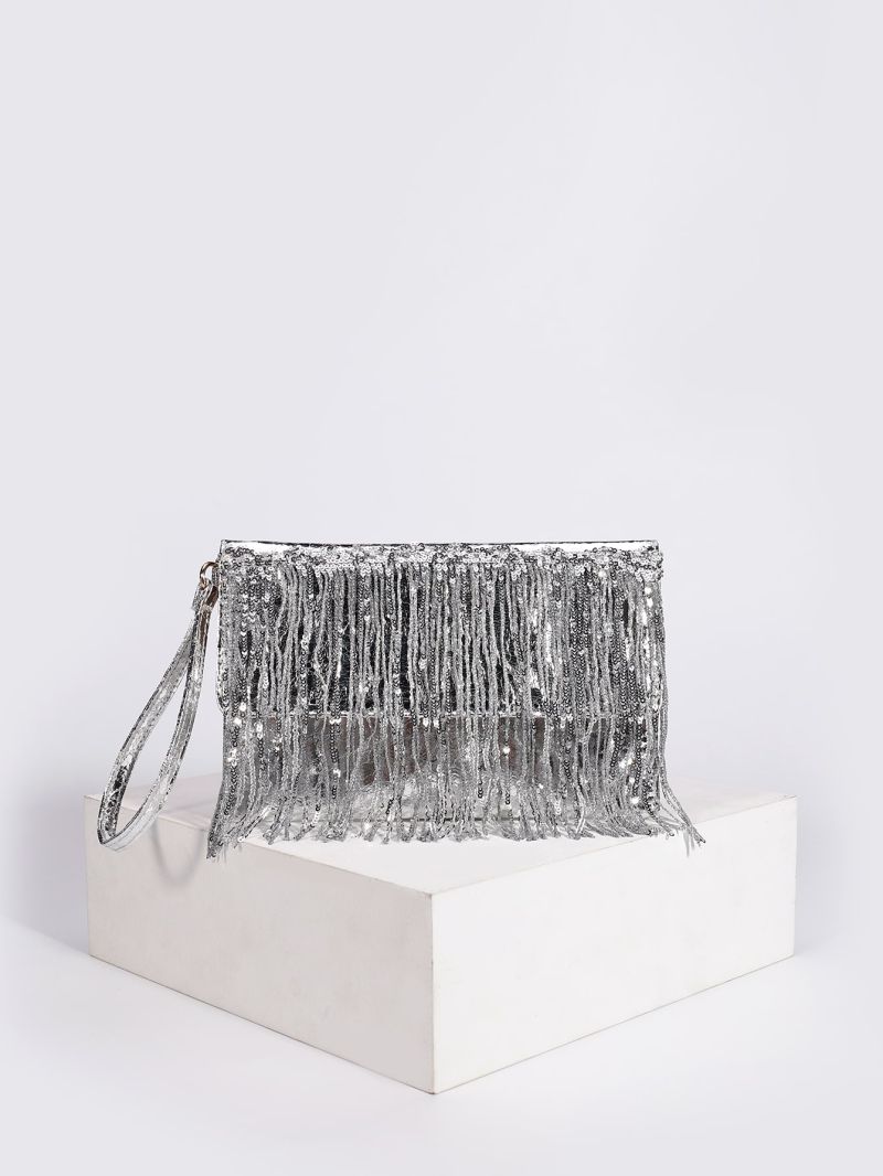 Sequin Design Fringe Decor Square Bag, Perfect Bride Purse For Wedding, Prom & Party Events