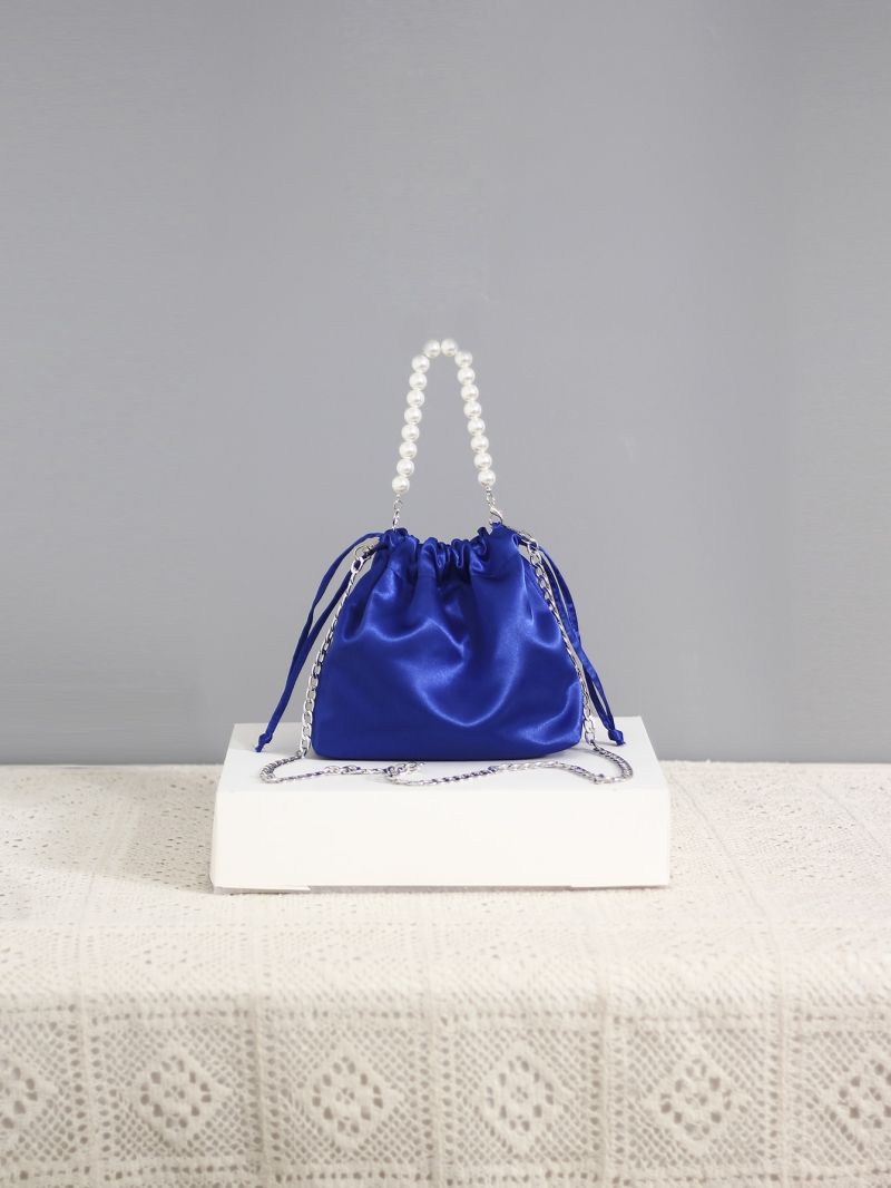 Mini Faux Pearl Decor Drawstring Design Satin Chain Bucket Bag