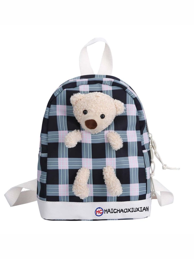 Plaid Pattern Letter Embroidery Detail Cartoon Bear Decor Classic Backpack