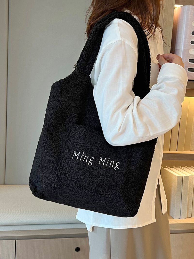 Letter Embroidered Fuzzy Shoulder Tote Bag