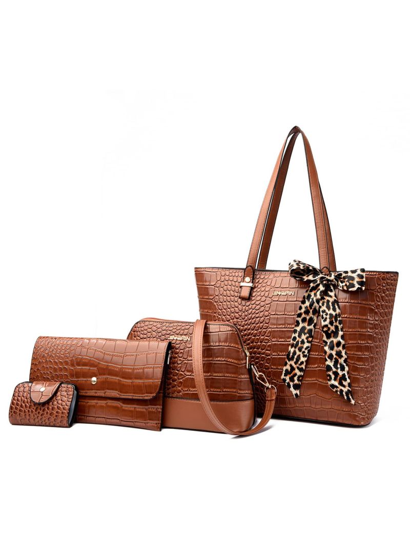 4pcs Twilly Scarf Decor Crocodile Embossed Tote Bag Set, Best Work Bag For Women