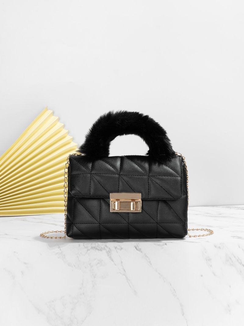 Twist Lock Fuzzy Handle Quilted Flap Chain Square Bag