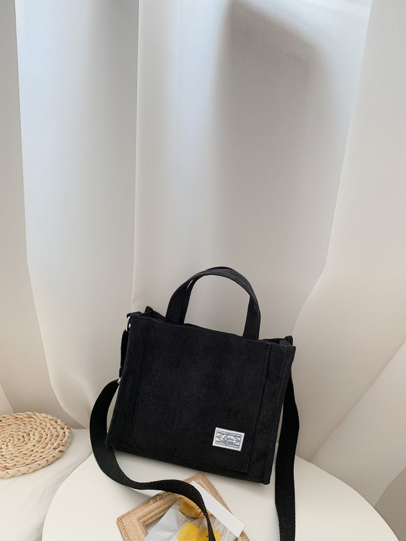Letter Patch Corduroy Tote Bag, Casual Shoulder Bag Retro Style Crossbody Bag With Double Handle