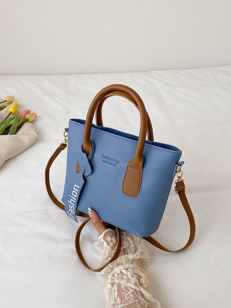 Letter Embossed Double Handle Square Bag With Bag Charm