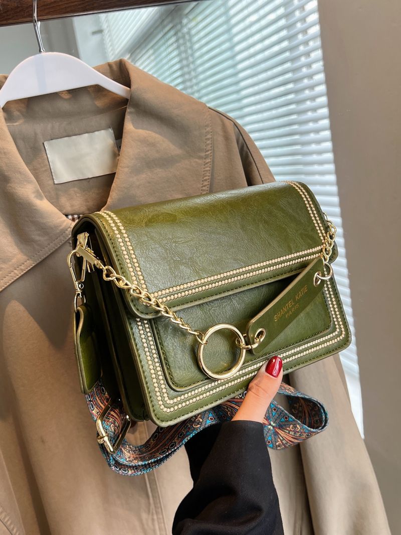 Mini Chain & Circle Decor Stitch Detail Flap Square Bag, Chain Decor Square Crossbody Bag, Small Stitch Detail Flap Purse, Women's Artificial Leather Shoulder Bag