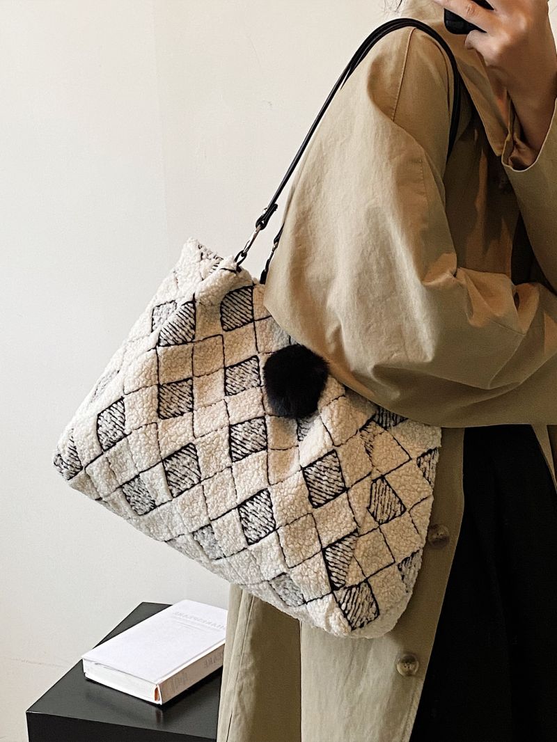 Geometric Pattern Fuzzy Shoulder Tote Bag With Pompom Bag Charm