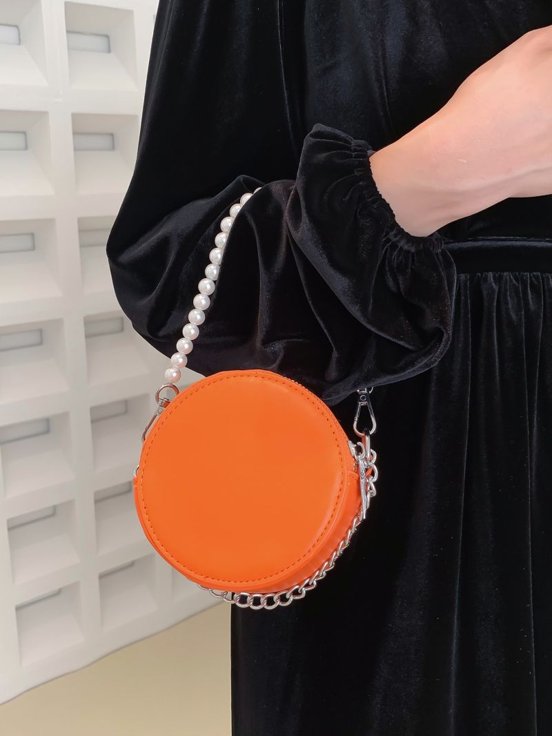 Mini Neon-orange Faux Pearl Decor Chain Circle Bag