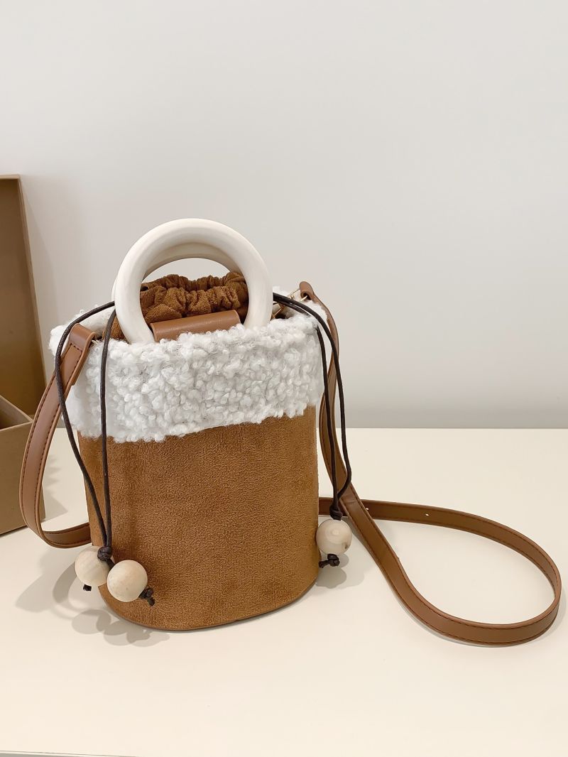 Mini Bead Decor Fuzzy Panel Drawstring Faux Suede Bucket Bag