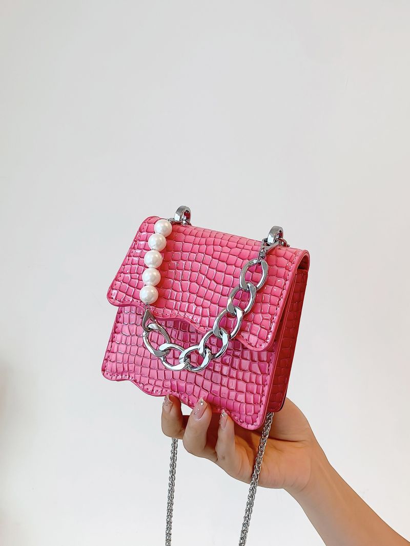 Mini Crocodile Embossed Faux Pearl Decor Flap Novelty Bag