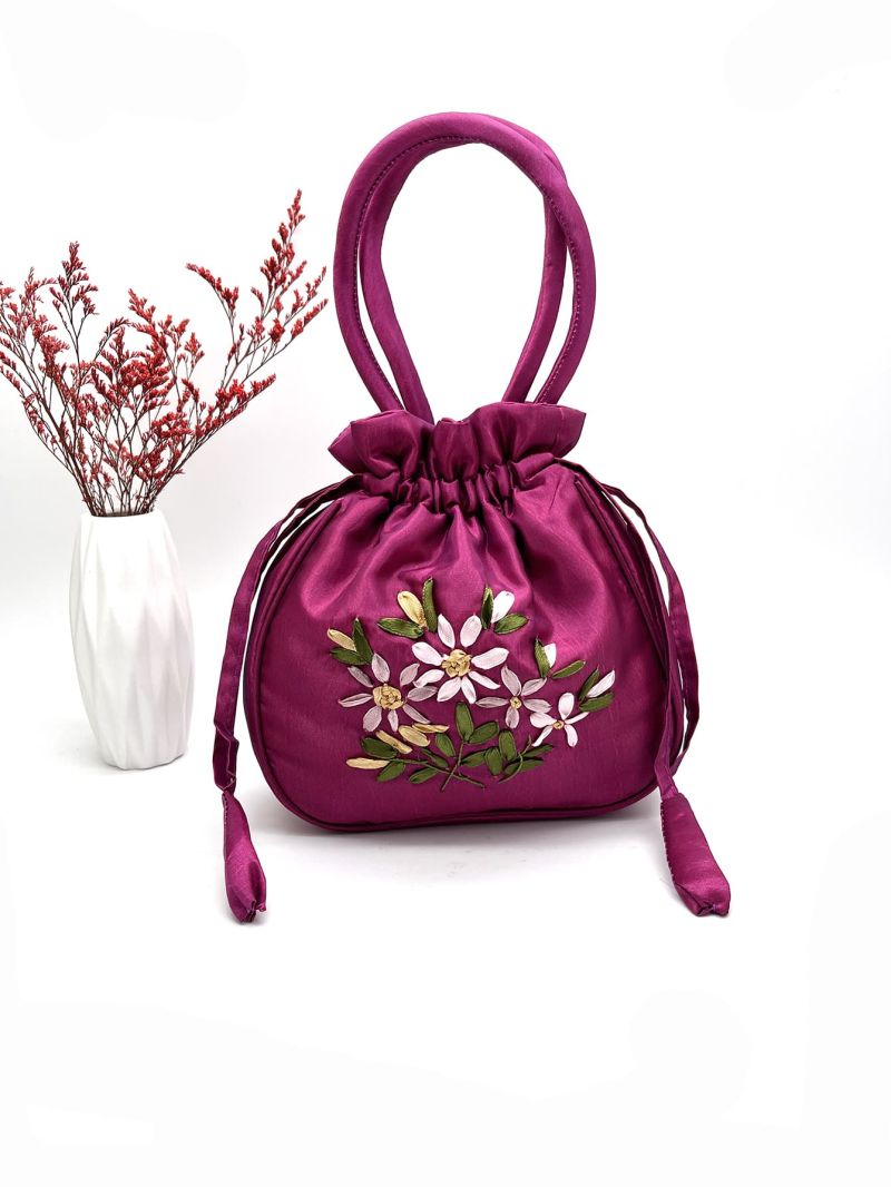 Mini Floral Embroidered Drawstring Design Satchel Bag, Mothers Day Gift For Mom