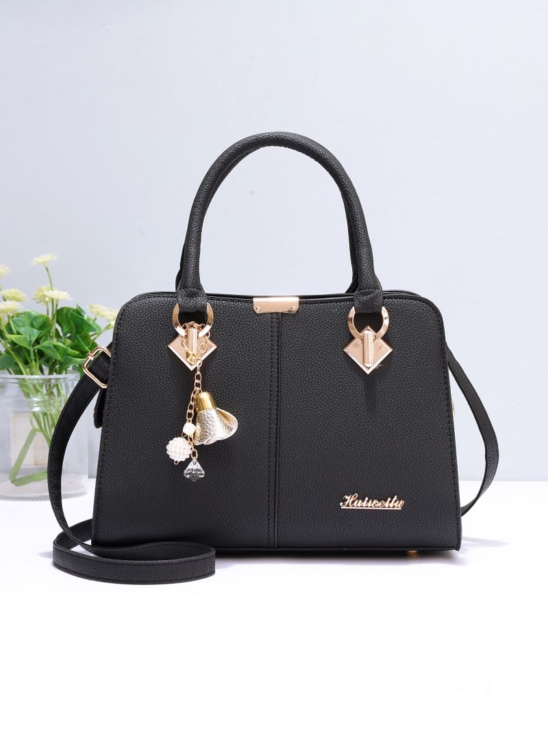 Metal Decor Satchel Bag, Women's Double Handle Purse, Fashion PU Shoulder Bag With Bag Charm, Mothers Day Gift For Mom