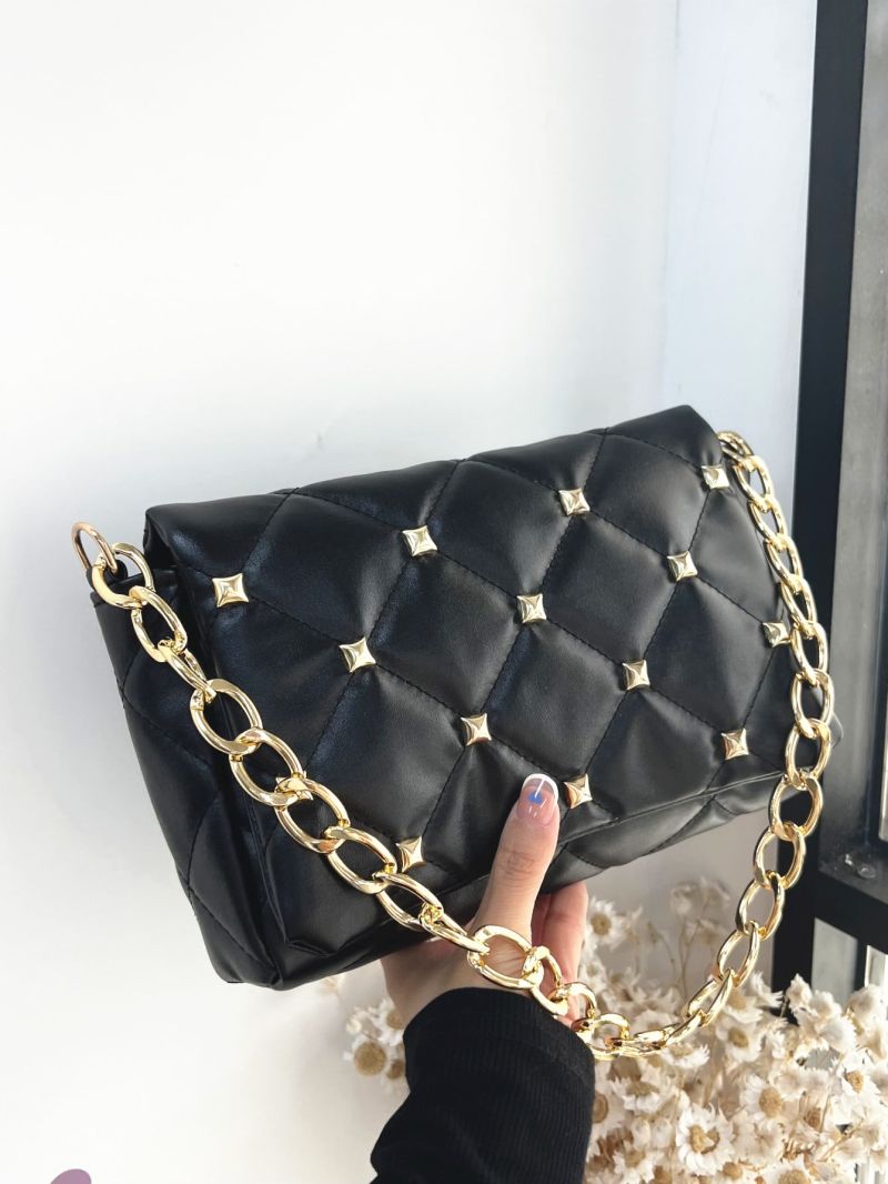Quilted Studded Decor Flap Chain Square Bag