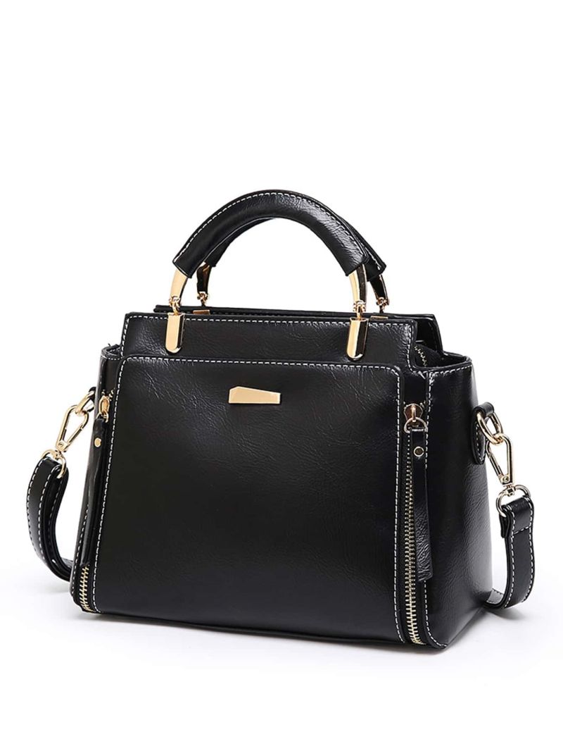 Retro Style Handbag, Women's Simple Zipper Purse Artificial Leather Crossbody Bag Metal Detail Square Bag