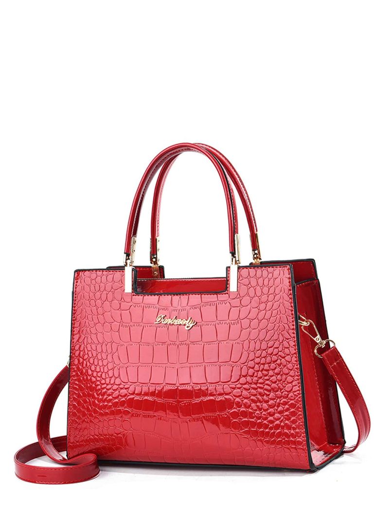 Crocodile Embossed Handbag, Pu Patent Shoulder Bag, Metal Decor Double Handle Purse Embossed Satchel Bag For Women