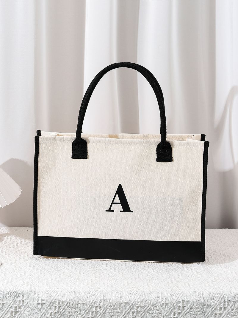 Letter Detail Tote Bag, Women's Simple Canvas Handbag Large Versatile Shopping Bag