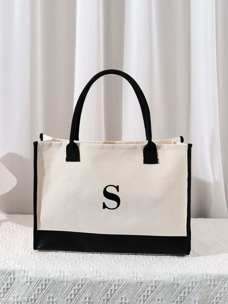 Letter Detail Tote Bag, Women's Simple Canvas Handbag Large Versatile Shopping Bag