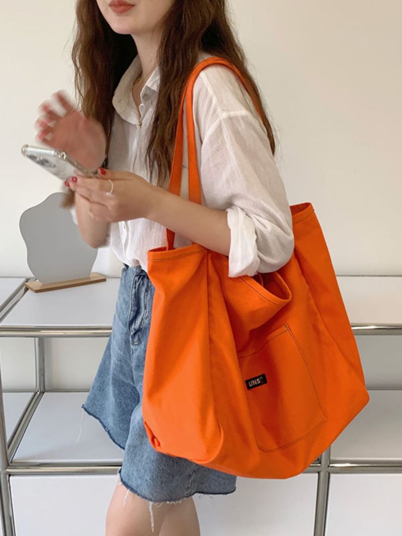 Neon Orange Letter Patch Shoulder Tote Bag, Large Capacity Tote Bag For Work And Travel