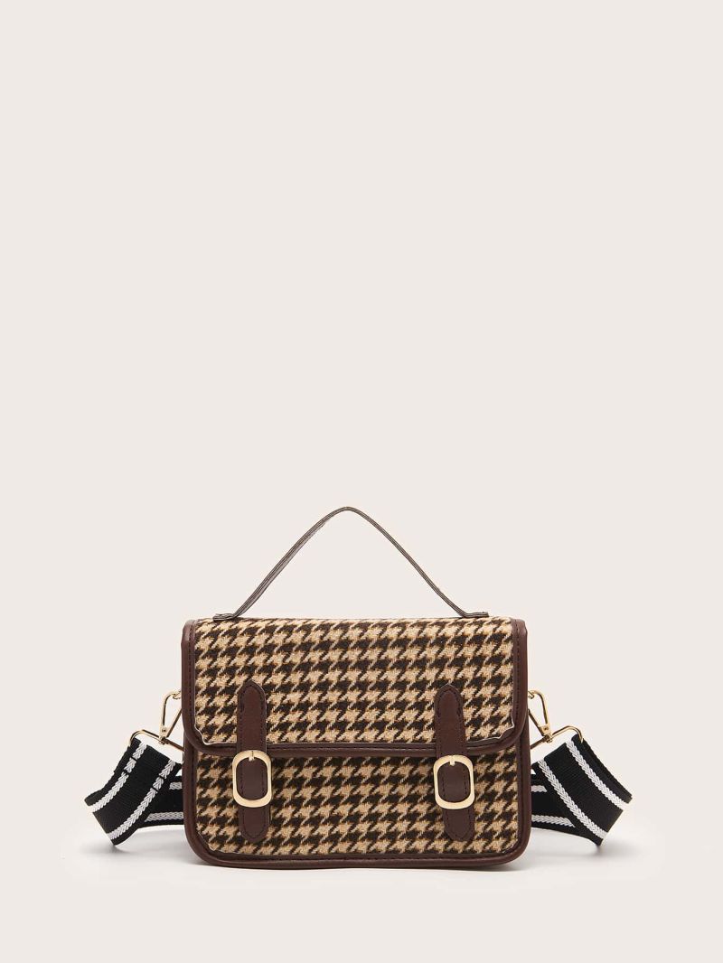 Houndstooth Pattern Flap Satchel Bag