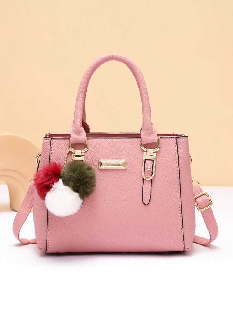 Litchi Embossed Metal Detail Square Bag With Pompom Bag Charm, Mothers Day Gift For Mom