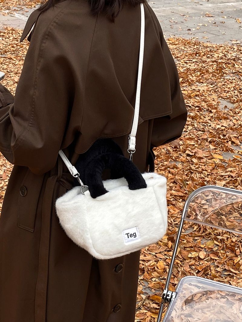 Mini Letter Patch Decor Flannelette Satchel Bag