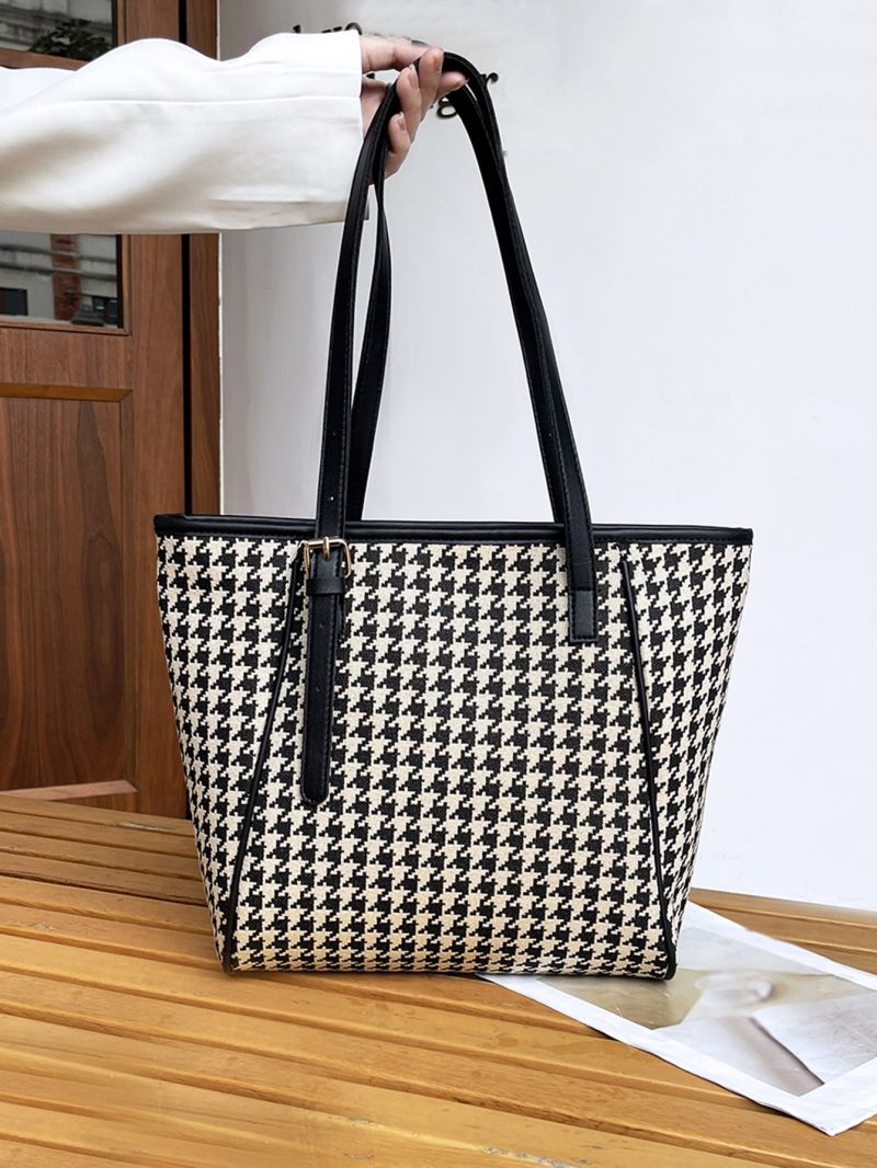 Houndstooth Pattern Shoulder Tote Bag