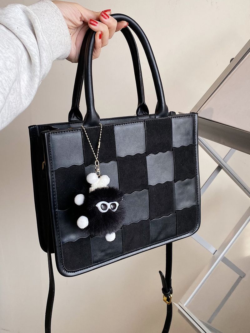 Plaid Textured Square Bag With Pompom Charm