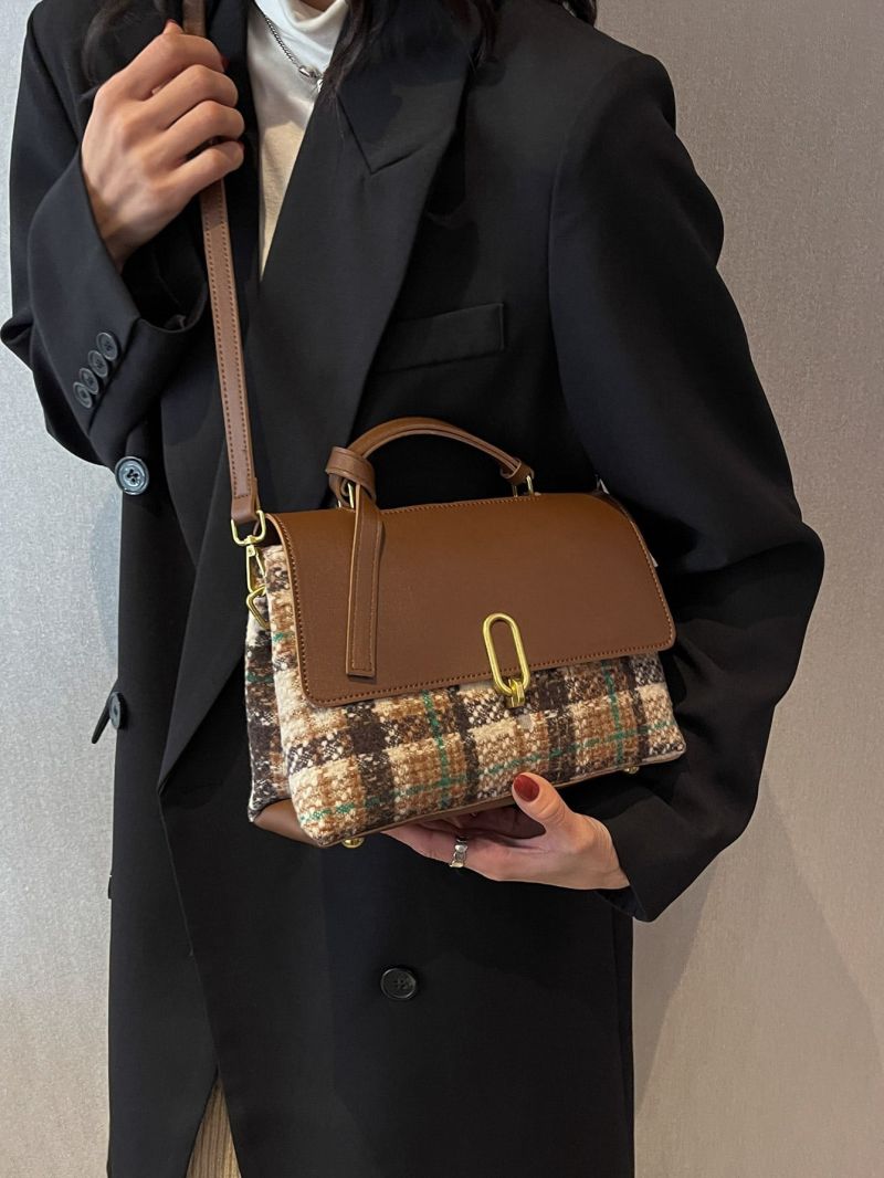 Plaid Pattern Metal Lock Flap Square Bag