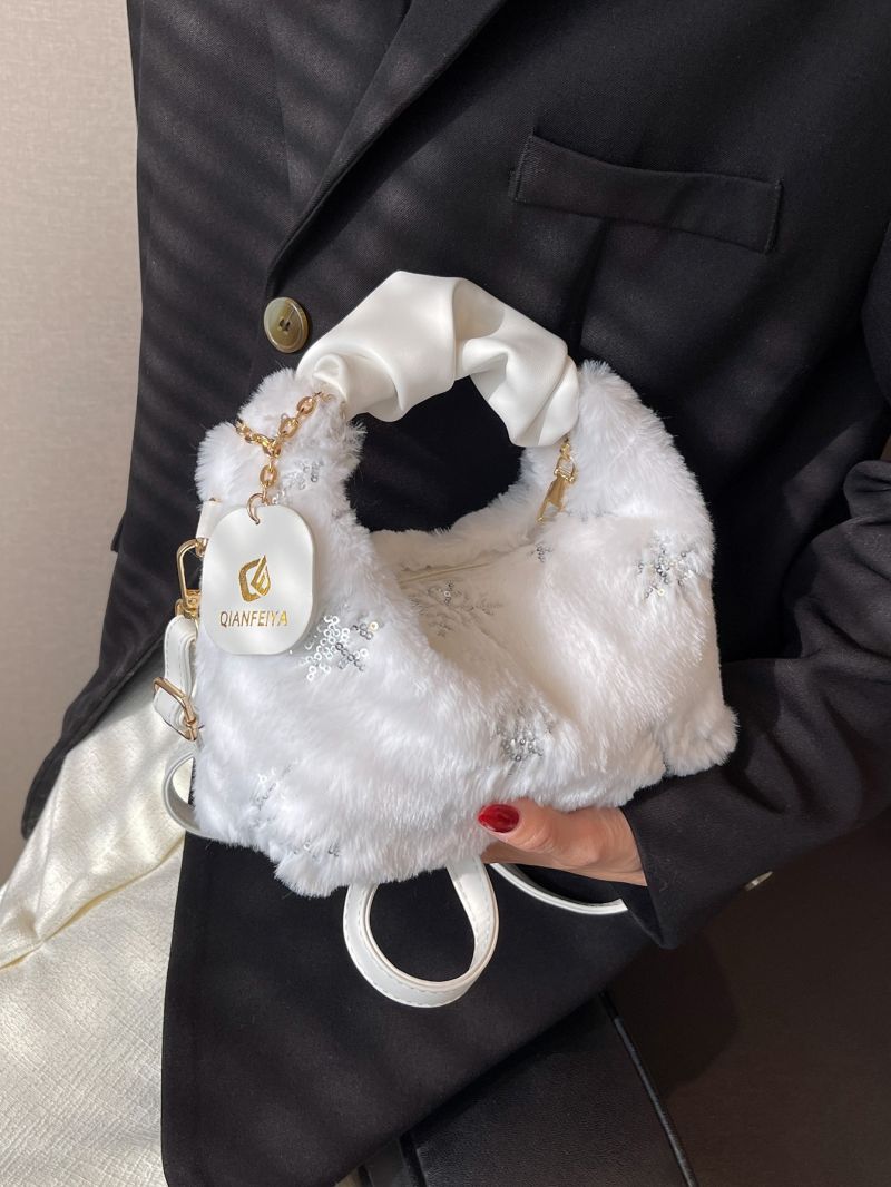 Sequin Snowflake Decor Ruched Detail Fluffy Hobo Bag