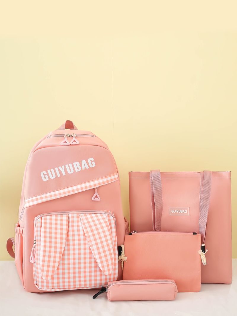 4pcs Gingham & Letter Graphic Cartoon Ear Decor Functional Backpack Set