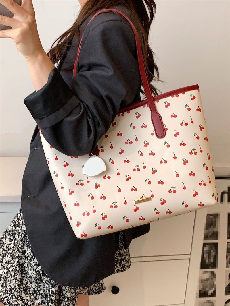 Cherry Pattern Shoulder Tote Bag With Bag Charm