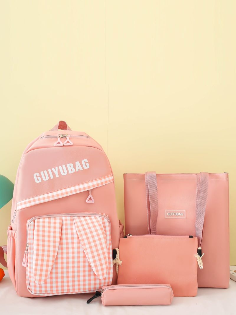 4pcs Gingham & Letter Graphic Functional Backpack Set