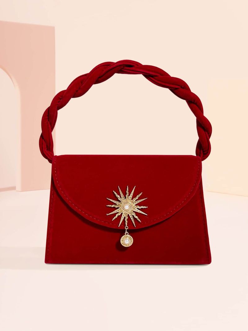 Velvet Faux Pearl Decor Flap Square Bag