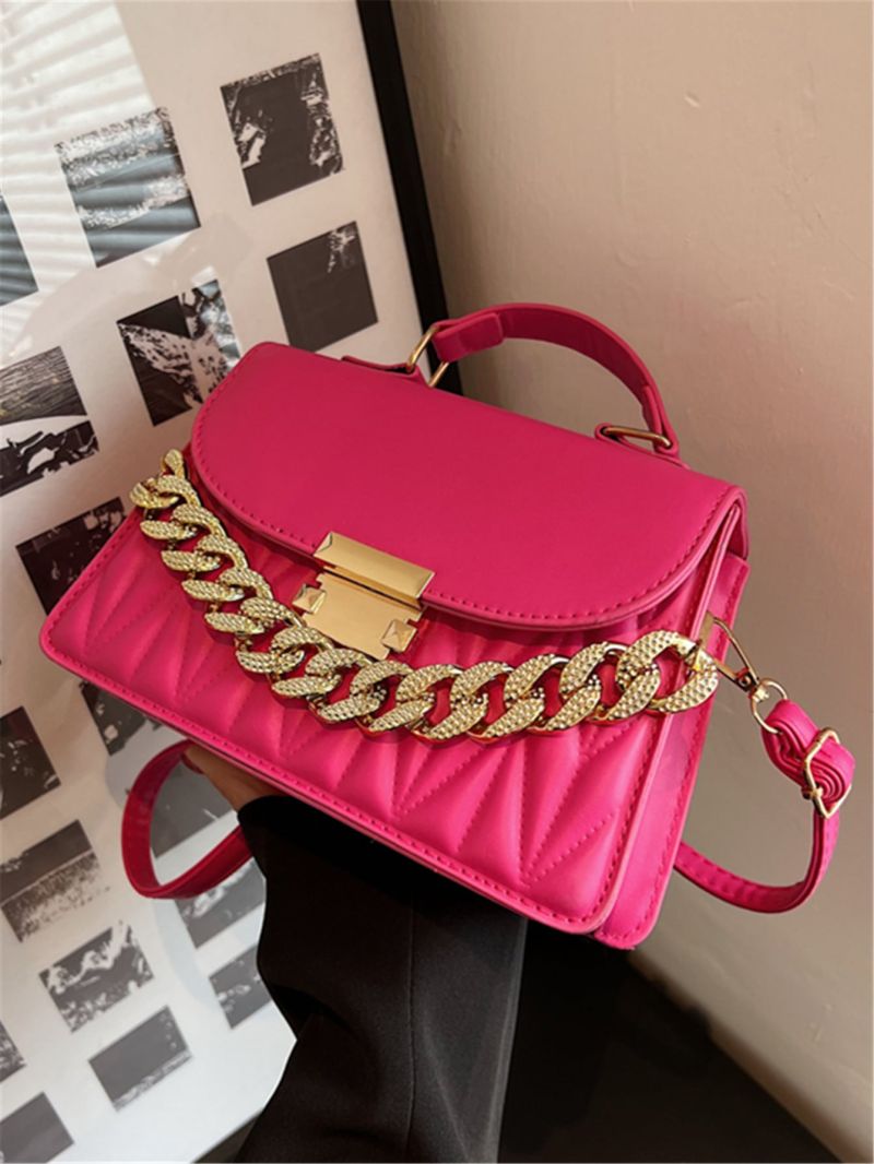 Neon Pink Quilted Pattern Chain Decor Square Bag
