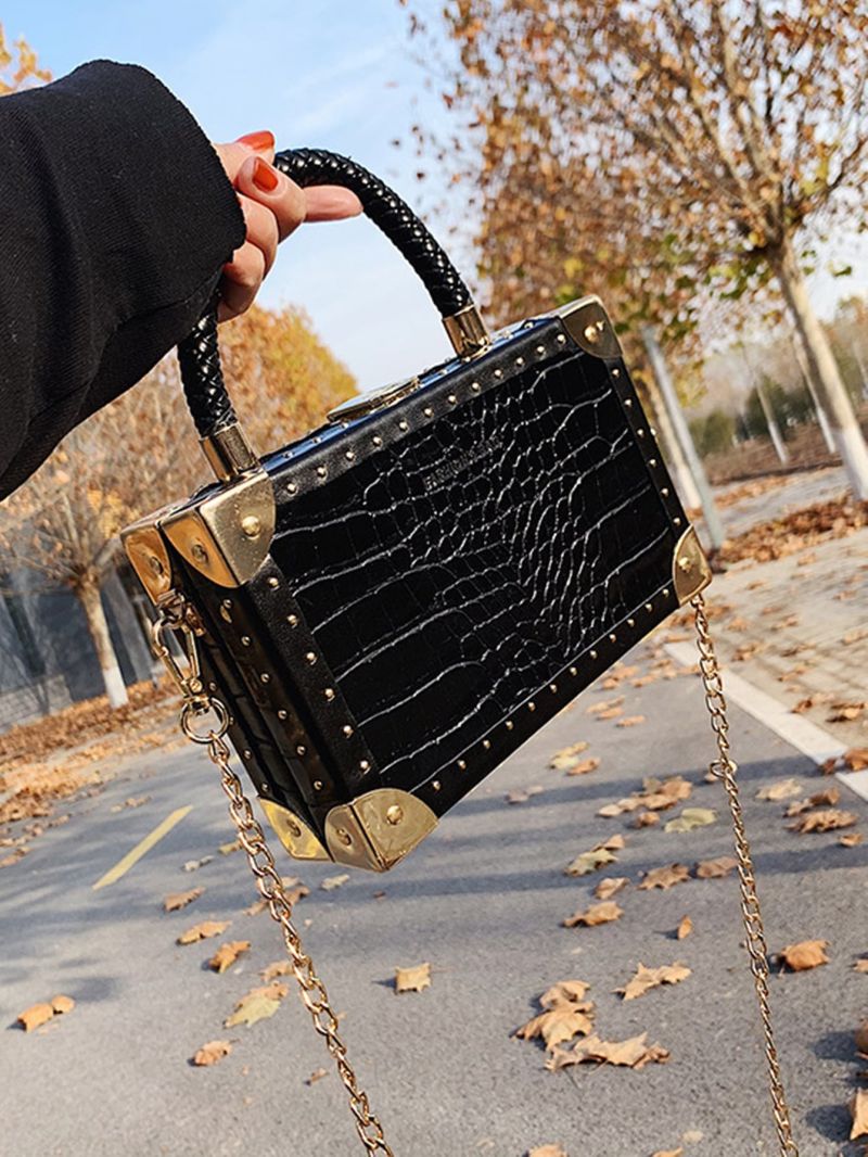 Mini Crocodile Embossed Letter Graphic Studded Decor Chain Box Bag