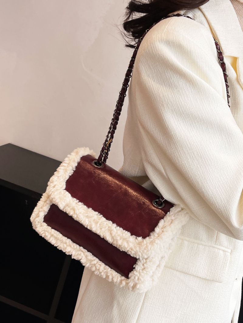 Fuzzy Panel Flap Chain Square Bag