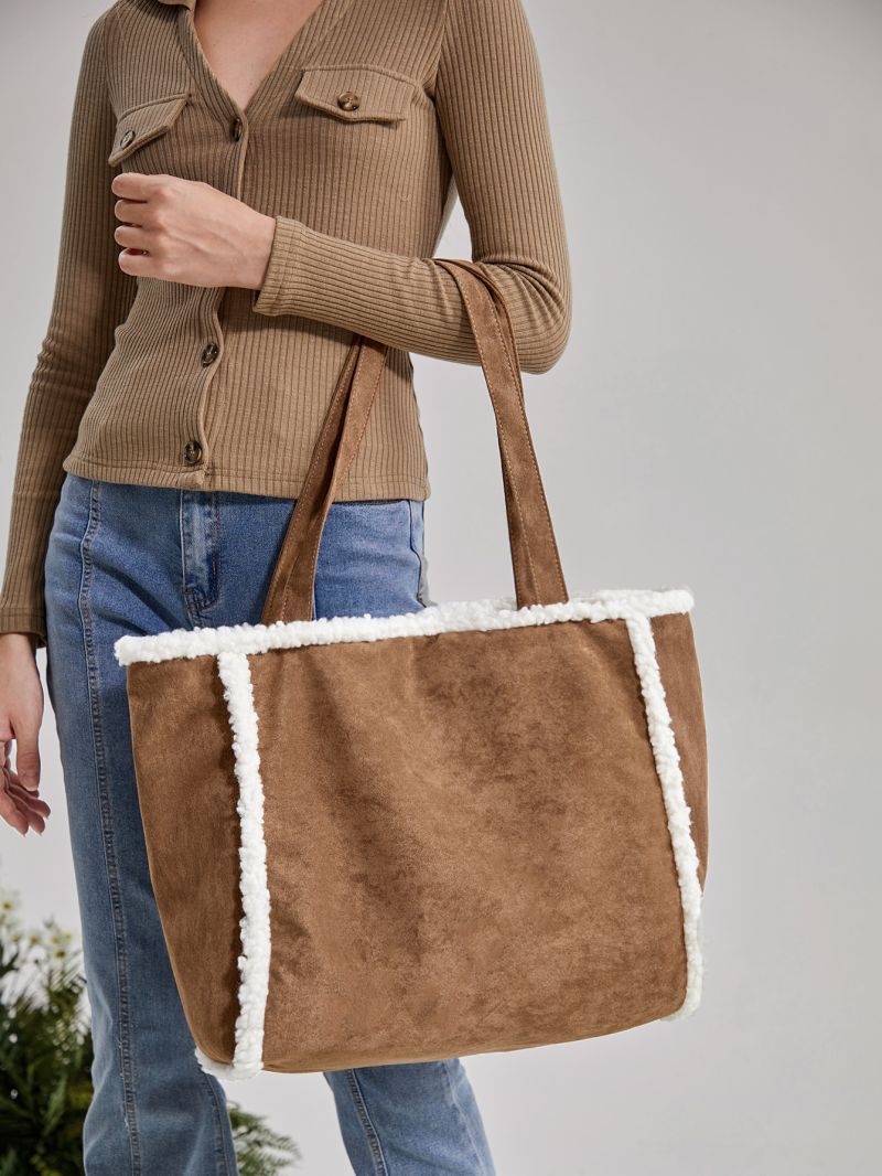 evolu  Fuzzy Trim Shoulder Tote Bag