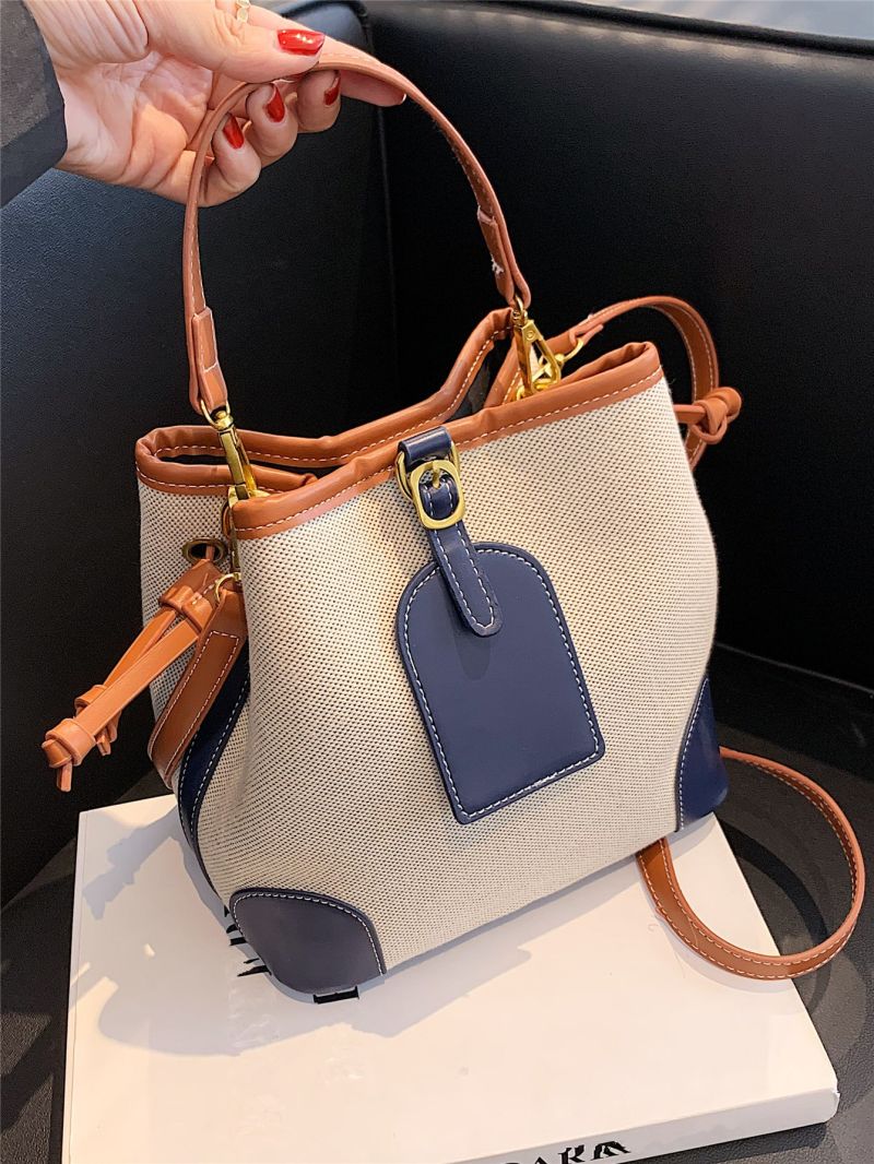 Colorblock Contrast Binding Buckle Decor Bucket Bag