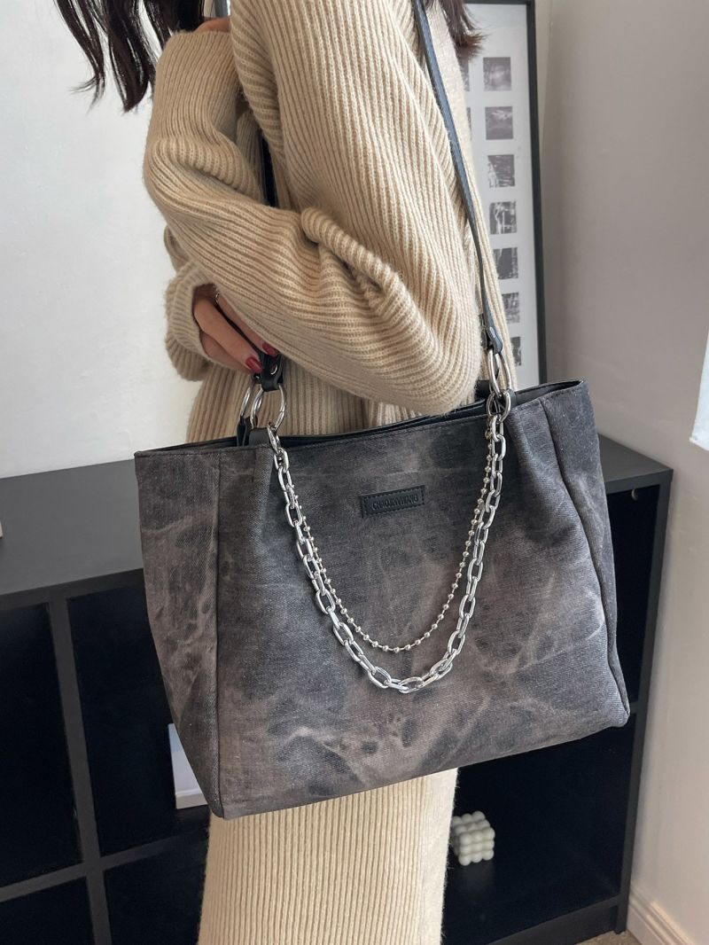 Chain & Letter Patch Decor Shoulder Tote Bag