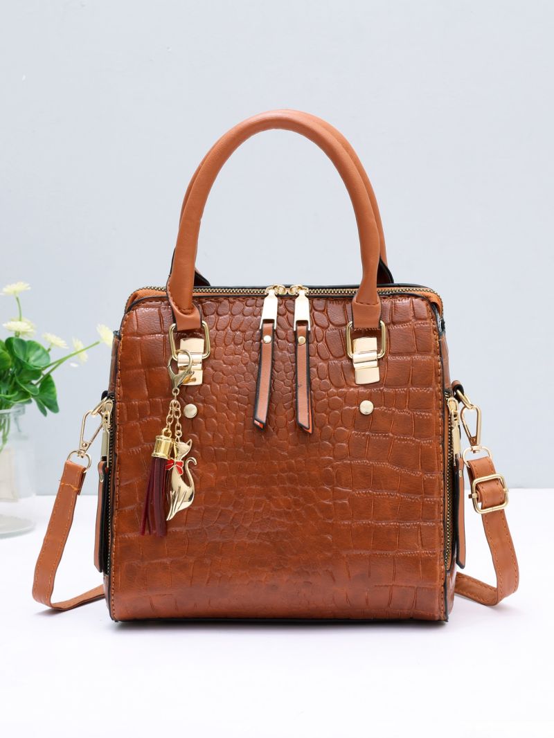 Crocodile Embossed Cartoon Cat & Tassel Decor Square Bag, Mothers Day Gift For Mom