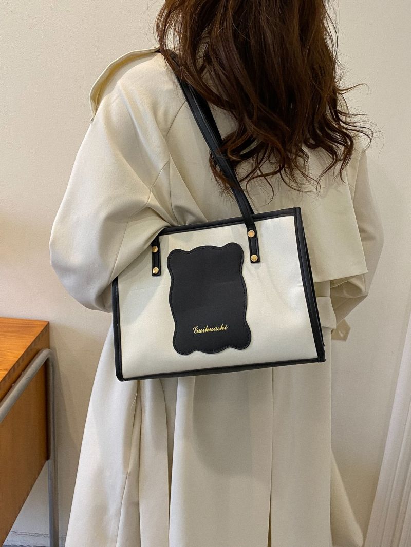 Letter Graphic Contrast Binding Shoulder Tote Bag