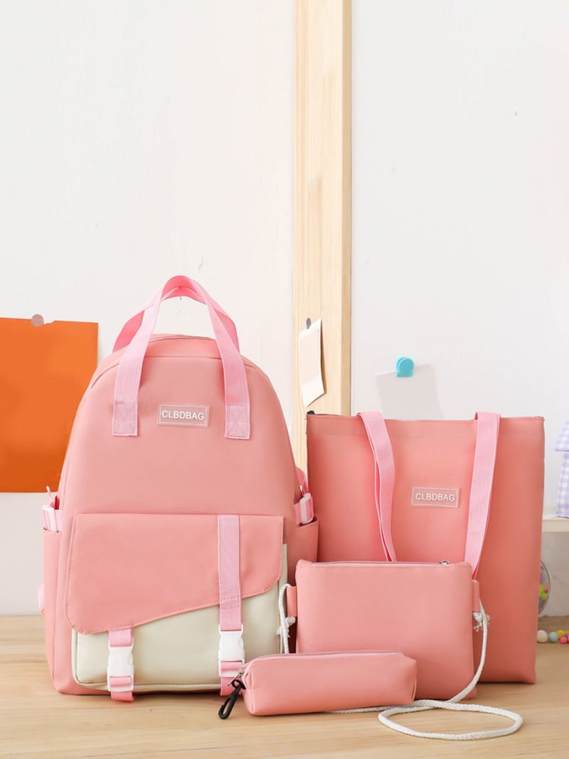 4pcs Two Tone Letter Patch Decor Functional Backpack Set