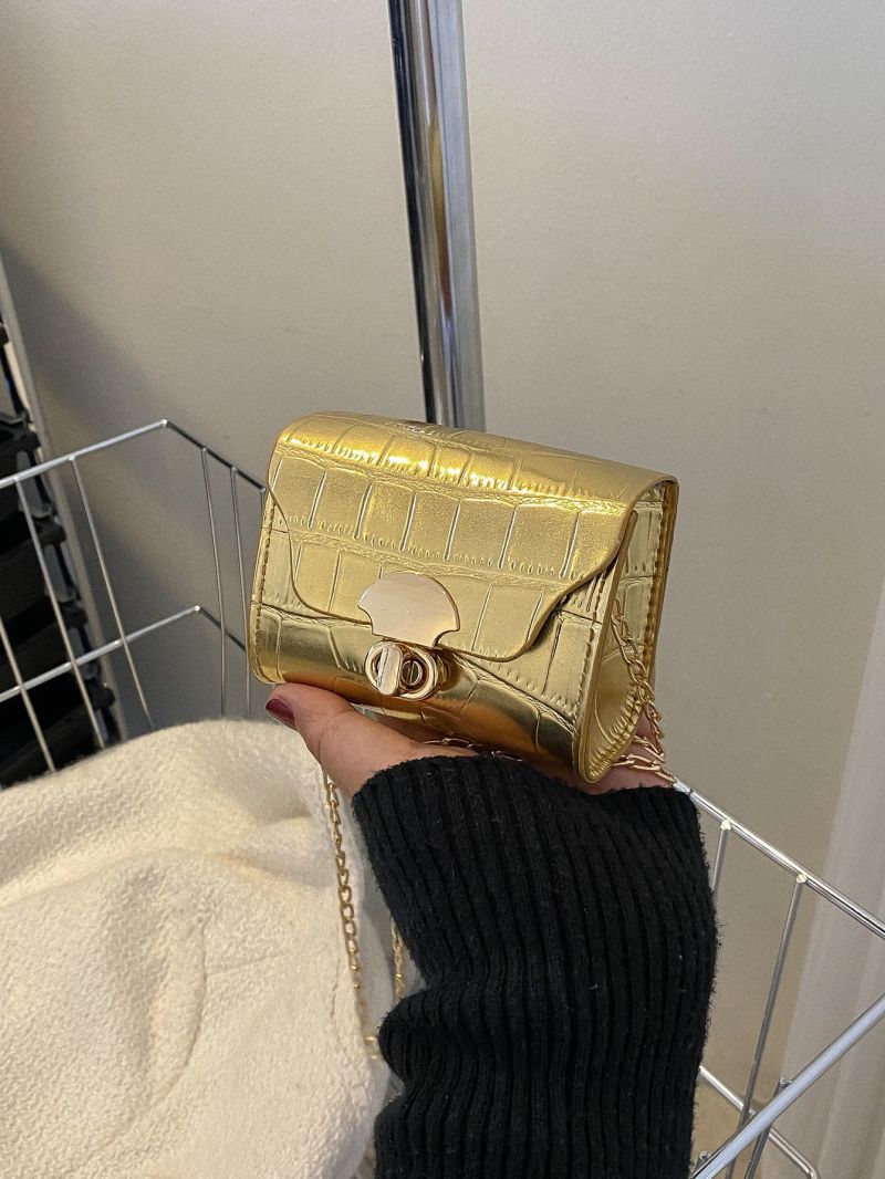 Mini Metallic Crocodile Embossed Twist Lock Flap Chain Square Bag